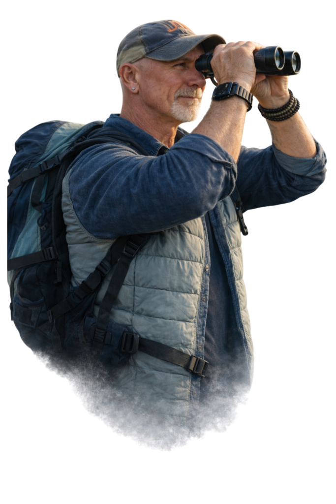 man looking through binoculars