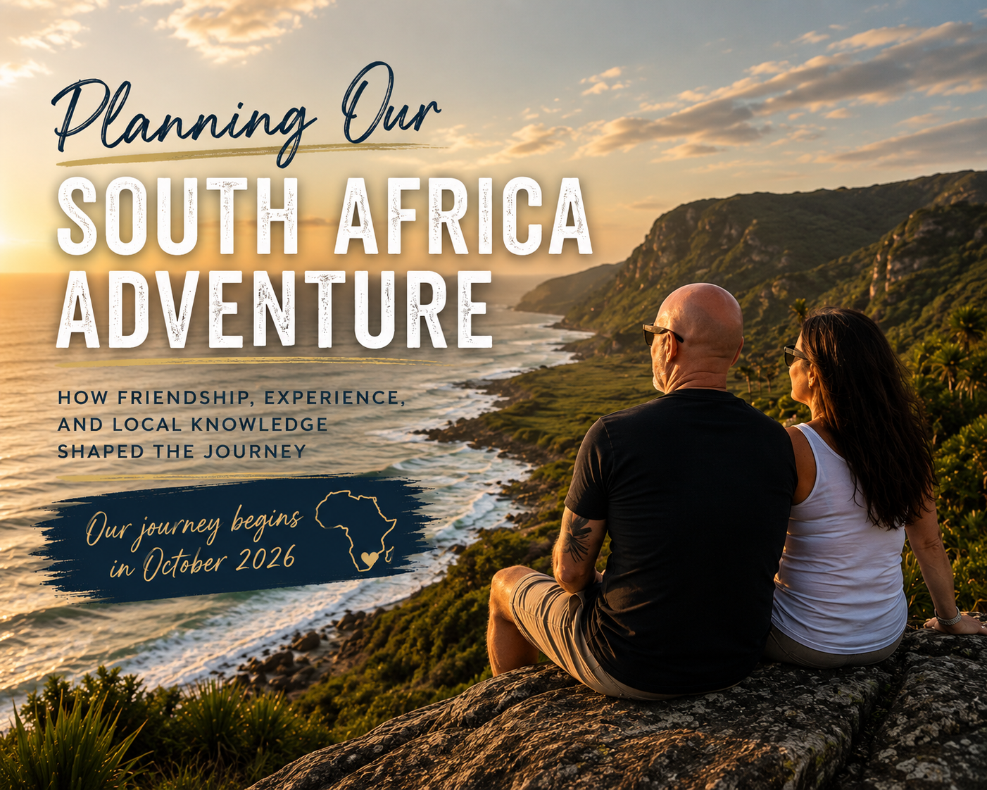 Dante and Lisa overlooking the South African coastline while planning their dream adventure through Cape Town, safari country, and the Wild Coast.
