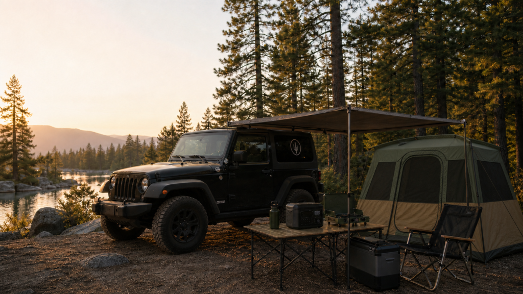 Black two-door Jeep beside a lake at golden hour, with a side awning, Gazelle-style hub tent, camp table, portable power station, and cooking gear in a pine forest.